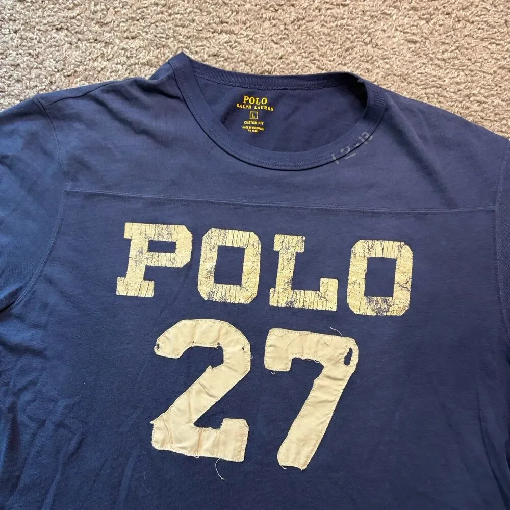 Polo Ralph Lauren 27 Distressed Cotton T Shirt Navy Blue Men’s Large